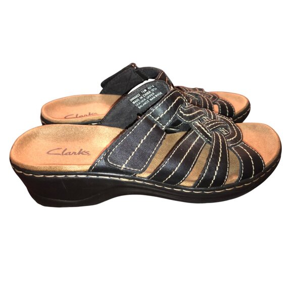 Clarks Womens Black Leather Strappy Slide Sandals With Stitch Detailing Size 7.5 - Picture 8 of 16